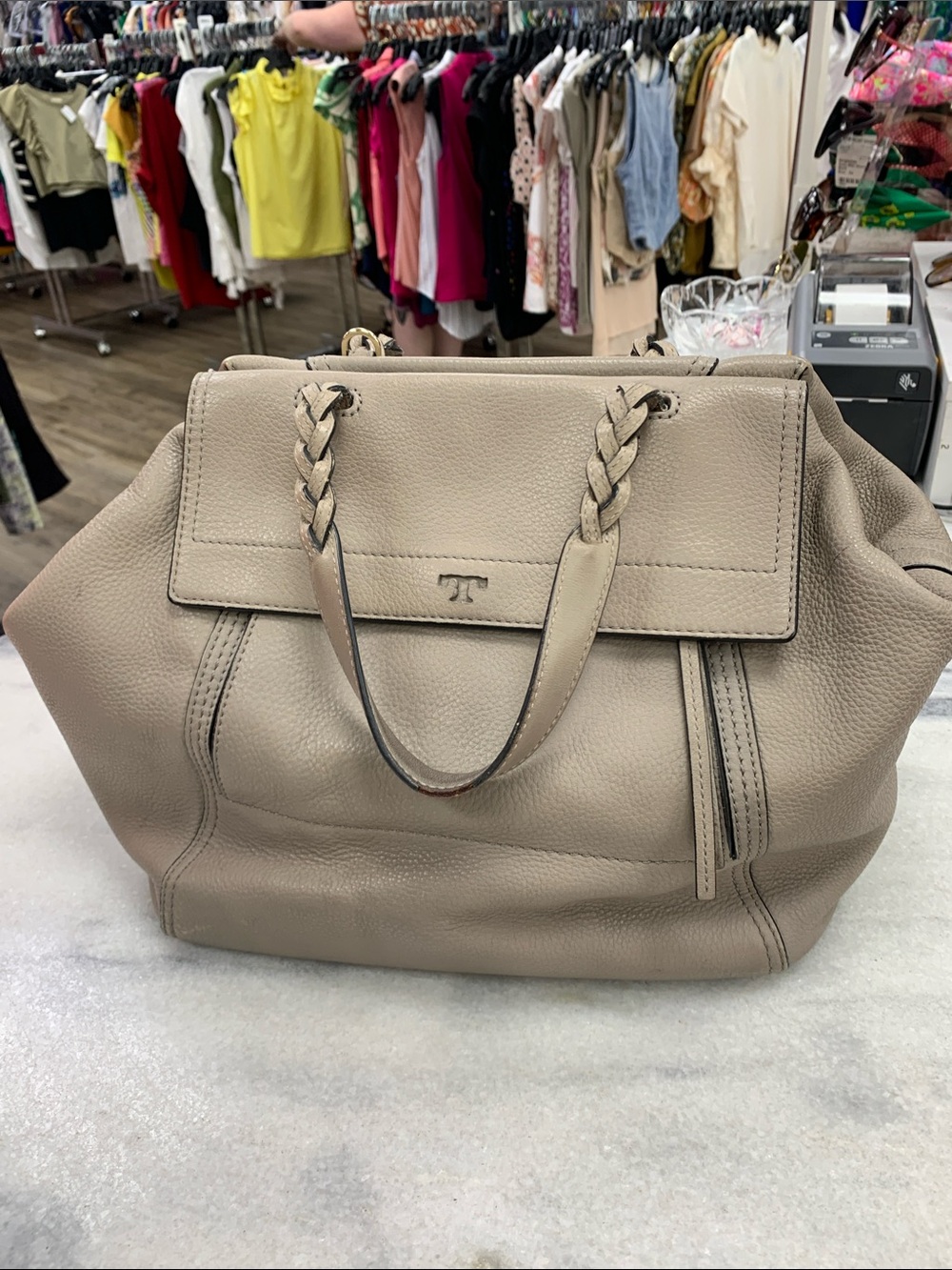 Tory Burch Pebble Leather Bowling Style Handbag